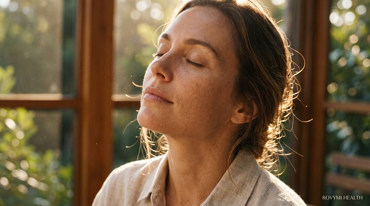 Una mujer con los ojos cerrados disfrutando del sol de la mañana junto a una ventana