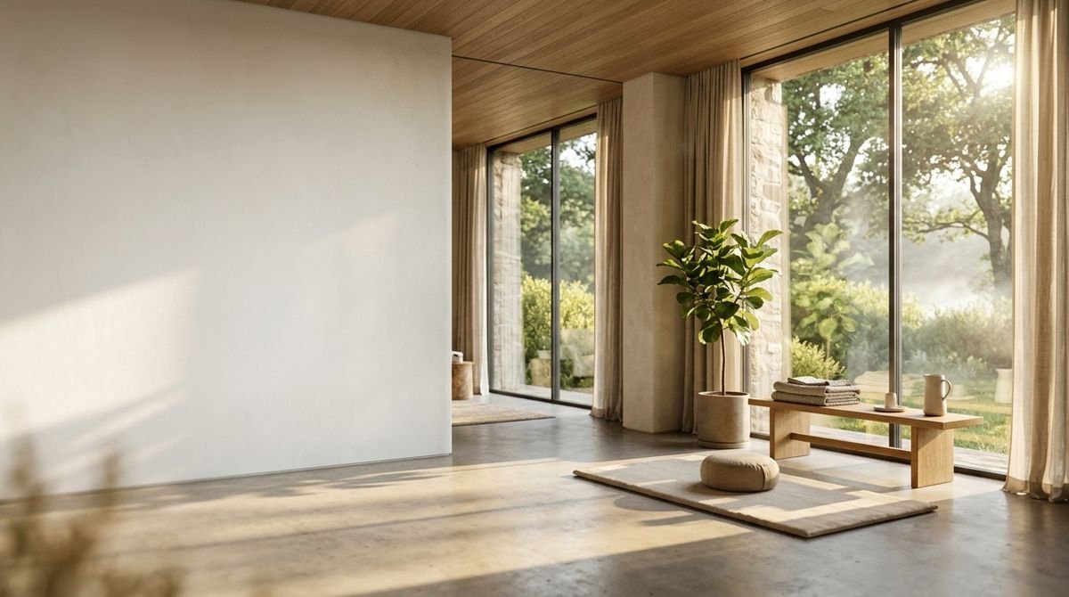 A calm, light-filled room with a bench, cushion and plant