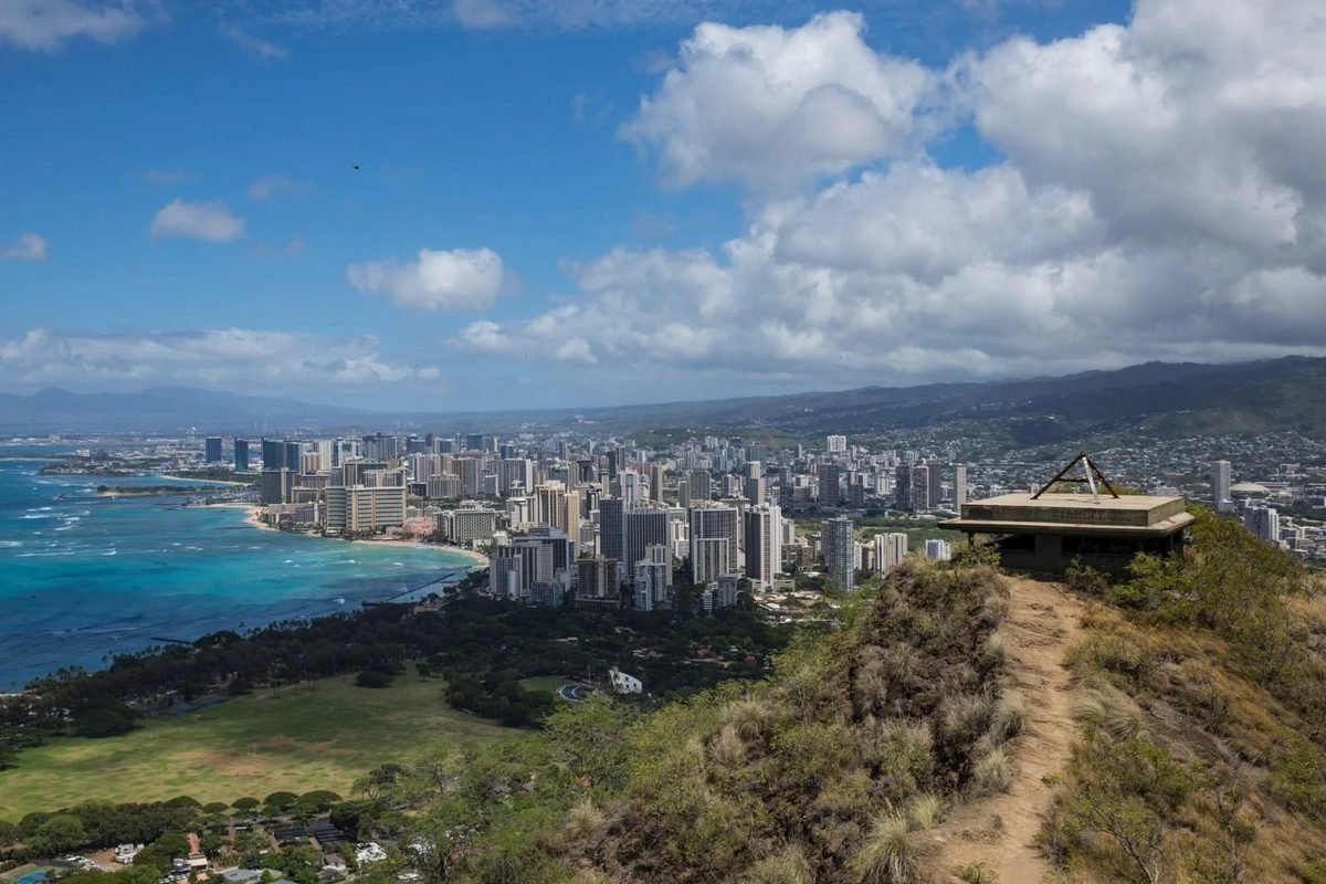 Honolulu and the Waikiki shoreline seen from the trail at Diamond Head