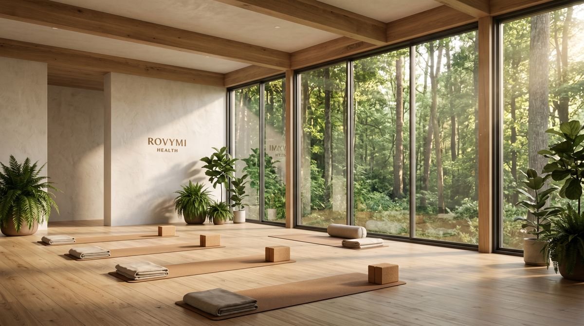 Un estudio iluminado por el sol con tapetes de yoga junto a ventanales