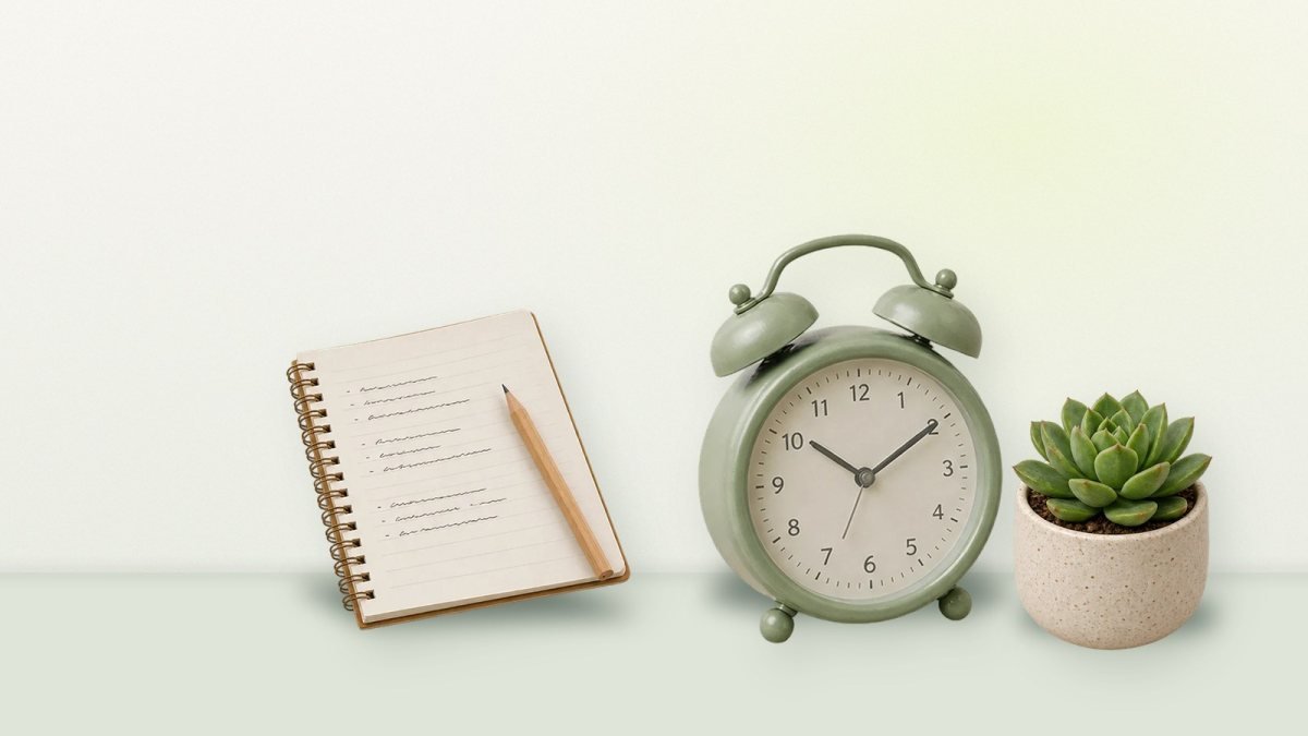 A spiral notebook with a pencil, a sage alarm clock and a small succulent on a table
