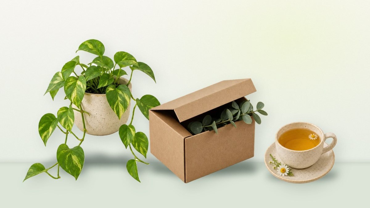 A trailing pothos plant, a kraft shipping box with eucalyptus and a cup of tea on a sage table